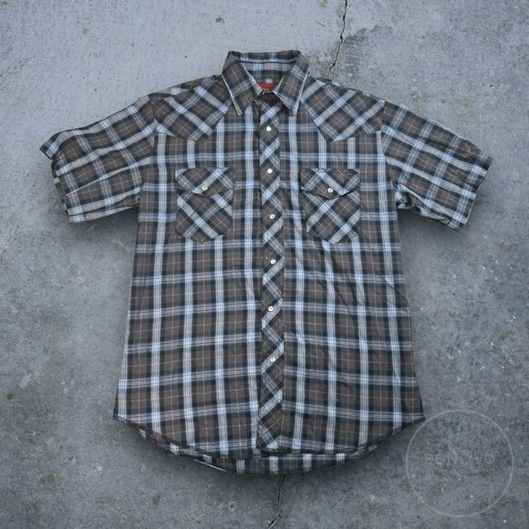 Rustler Men’s Vintage X-Long Tails Short Sleeve Pearl Snap Button Up Plaid Shirt - Picture 1 of 7